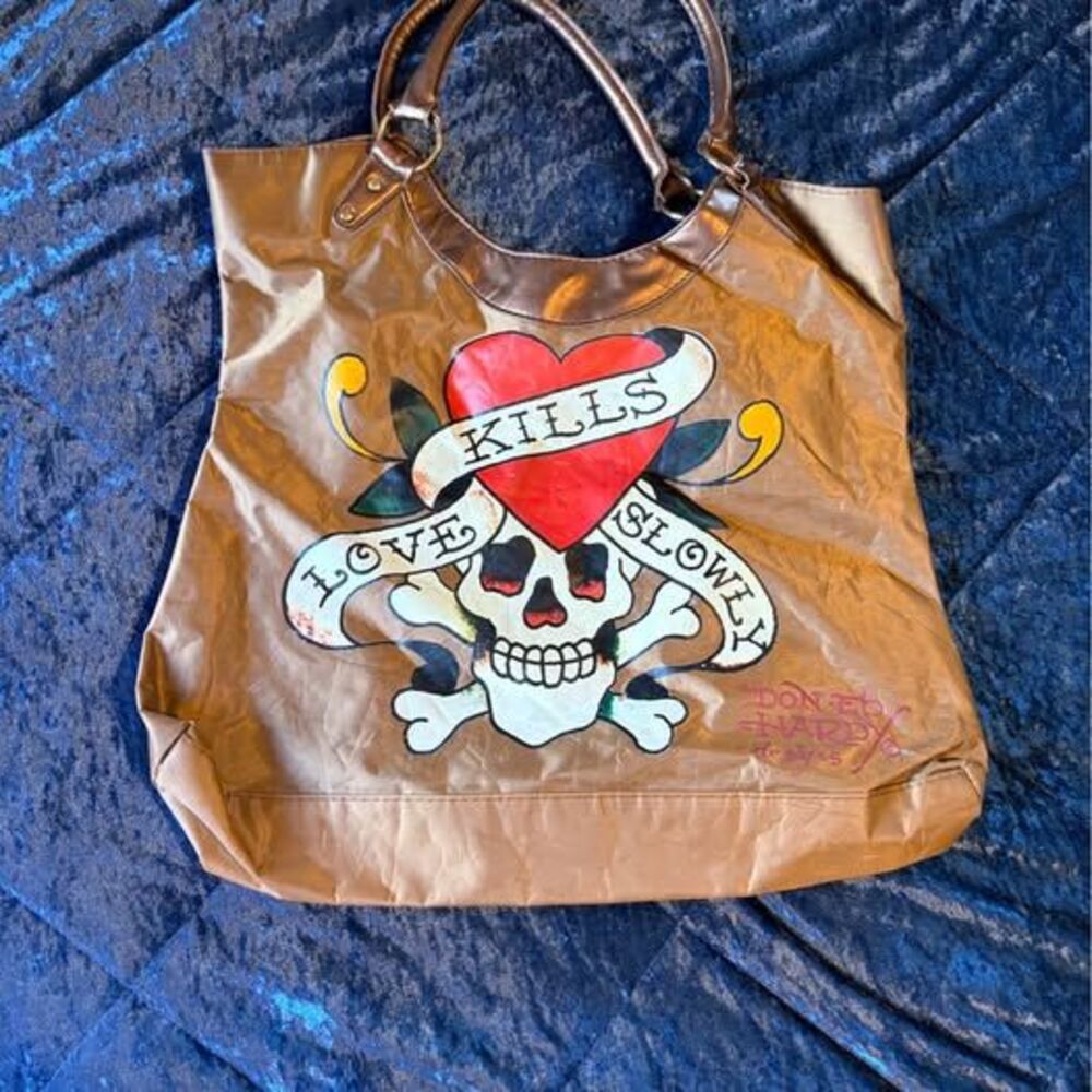 Ed Hardy Shoulder Bag Purse Love Kills Slowly Gold Bronze Vintage Y2k Hobo Tote
